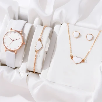 Набор модных часов из 4 предметов, женское ожерелье, серьги, браслет, наручные часы, Белый кожаный ремешок, женские кварцевые часы
