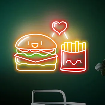 Неоновая вывеска для жарки гамбургеров, неоновые вывески для бургеров, логотип ресторана на заказ, Светодиодная лампа, Декор для кухни быстрого питания, ночные светильники