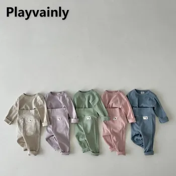 Новая весенне-осенняя пижама для маленьких мальчиков и девочек, однотонный топ с круглым воротом и длинными рукавами + Мягкие штаны, домашняя одежда для новорожденных, ночная рубашка E22773