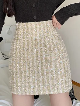 Новая осенне-зимняя шерстяная юбка с мелким ароматным ветром, Женская темпераментная юбка из блесток с высокой талией, тонкая универсальная юбка из твида