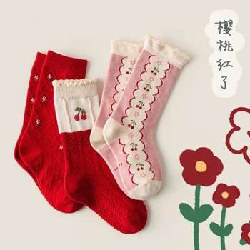Новогодние детские носки средней длины до икры, Рождественские Красные носки, Детские хлопчатобумажные носки для девочек, Весна-осень, шланг для малышей