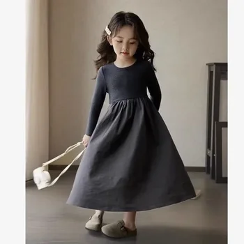 Новое платье с длинными рукавами для девочек, детские платья принцессы, детское хлопковое платье, весна-осень, юбка с артикулированным дизайном, арт-юбка с длинным рукавом