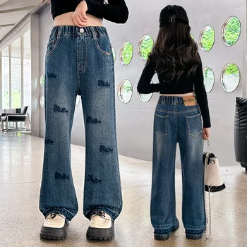 Новые осенние джинсы для девочек-подростков, широкие брюки с эластичной резинкой на талии, Детские свободные Корейские синие джинсовые брюки, Брюки повседневного стиля, одежда