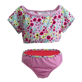 Новые солнцезащитные купальники с коротким рукавом и цветочным рисунком для девочек, раздельный комплект из двух предметов