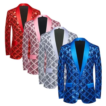 Новый мужской клетчатый пиджак с пайетками, синий / красный / розовый Модный мужской роскошный блейзер для танцевальной вечеринки, пальто