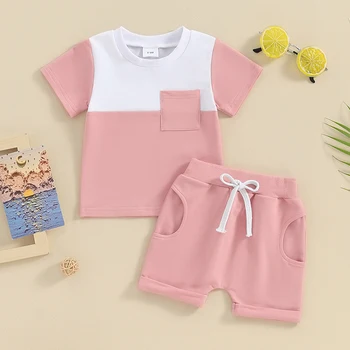 Одежда Для маленьких девочек, летний комплект из футболки в клетку и стрейчевых повседневных шорт в стиле пэчворк с коротким рукавом