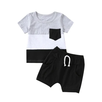 Одежда Для маленьких мальчиков Летняя одежда для мальчиков в стиле пэчворк с коротким рукавом Контрастного цвета, футболка с карманами и однотонные шорты, комплект черного цвета