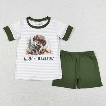 Оптовая продажа, Детский комплект для мальчиков, Футболка с короткими рукавами, Полосатые футболки, Хлопковые зеленые шорты для малышей, Детская летняя одежда для собак