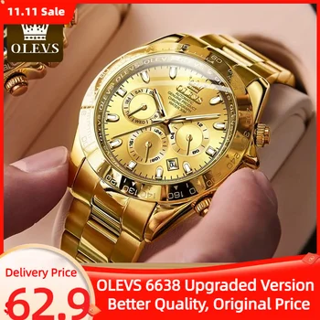 Оригинальные золотые часы OLEVS для мужчин Автоматические механические Многофункциональные Мужские наручные часы люксового бренда с тремя маленькими циферблатами Модернизированы