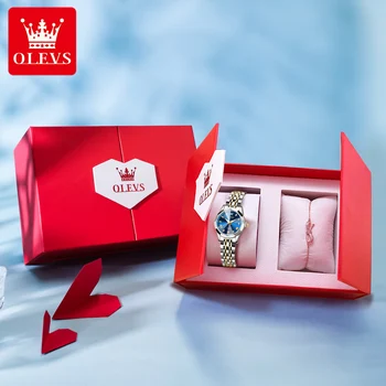 Оригинальные кварцевые женские часы OLEVS из нержавеющей стали, водонепроницаемые, с двойным календарем, модные часы, элегантный набор высшего качества, подарочная коробка 9931
