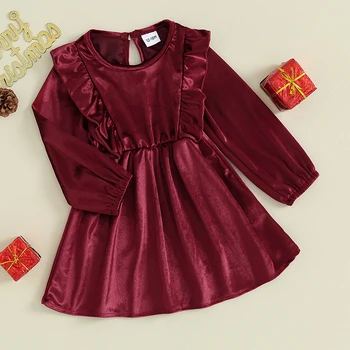 Осенне-зимняя одежда для маленьких девочек, бархатное платье с длинными рукавами и рюшами, Рождественская вечеринка, Свадебные платья принцессы