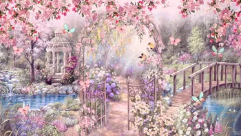 Парк, сад, беседка, Цветочное озеро, мост с бабочками, свадебные фоны, живописный фон для фотостудии