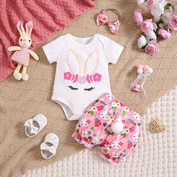 Пасхальный комплект из 3 предметов для новорожденных девочек, комбинезон с короткими рукавами и принтом кролика, шорты в цветочек и повязка на голову с бантом