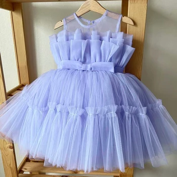 Платье принцессы для дня рождения для маленьких девочек, платья с цветами для подружек невесты, платья для маленьких девочек на свадьбу, фиолетовое вечернее платье-пачка для новорожденных девочек