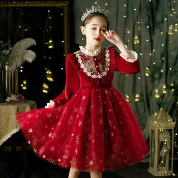 Принцесса Эльза, новая зимняя одежда для девочек, бархатная юбка, детское красное платье в западном стиле