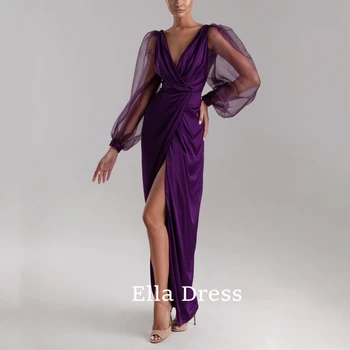 Простое вечернее платье Ella с V-образным вырезом и длинными рукавами, Шифоновое Плиссированное вечернее платье для выпускного вечера трапециевидного кроя, Арабский халат