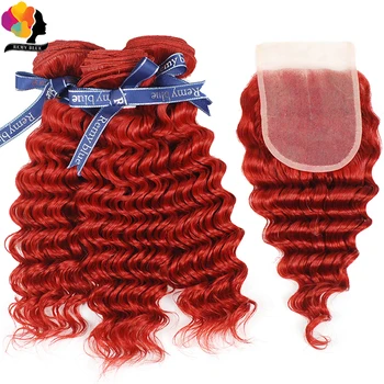 Пучки глубоких волн красного цвета с закрытием, Бразильские пучки человеческих волос с закрытием, полные концы, HD Прозрачное кружево 99J