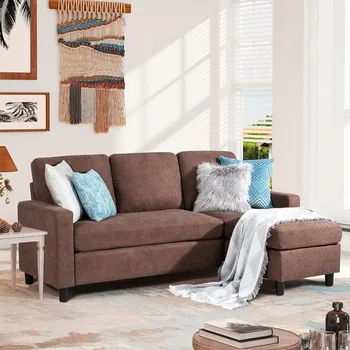 Раскладной секционный диван-кушетка, современный льняной тканевый L-образный диван со съемным пуфиком, кофейно-коричневый