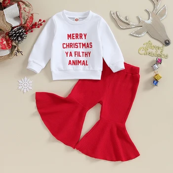 Рождественская одежда для маленьких девочек, толстовка с длинными рукавами и буквенным принтом, однотонные расклешенные брюки, наряд