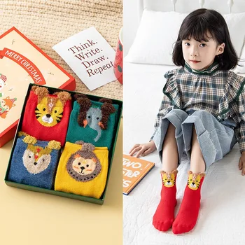 Рождественская подарочная коробка для детских новогодних носков для мальчиков и девочек, подарочная трубка для родителей и детей, Плюшевые носки с милым тигром из мультфильма