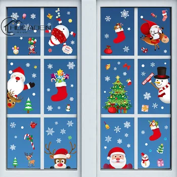Рождественские наклейки на окна в виде снежинок, Счастливого Рождества, Санта-Клауса, Снеговика, Лося, Электростатическая наклейка на стеклянную дверь, Веселого Рождества