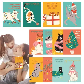 Рождественские открытки с забавным котом, Набор праздничных открыток с кошачьим юмором, красочные рождественские поздравления для мужчин и женщин, взрослых