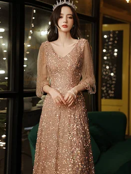 Розовые платья для свадебного приема с блестками и бисером, Элегантные женские платья миди чайной длины с V-образным вырезом для свадебной вечеринки 2022