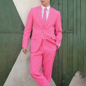 Розовый мужской костюм, летний Новый модный блейзер с отворотом из 2 предметов и брюками, повседневный формальный свадебный смокинг, Шикарные костюмы для мужчин Slim Fit