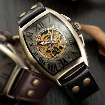 Роскошные брендовые мужские часы Shenhua Модные Ретро-часы-скелет Мужские механические часы с автоматическим подзаводом Кожаные Winner