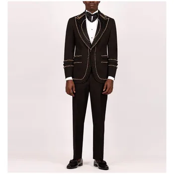 Роскошные мужские костюмы на заказ, 2 предмета, блейзер, брюки на одной пуговице, деловой лацкан, расшитый золотым бисером, свадебный костюм жениха, сшитый на заказ, плюс размер