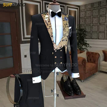 Роскошные мужские костюмы С золотым воротником для выпускного вечера, мужской элегантный костюм, куртка, жилет, брюки, 3 предмета, модные смокинги для свадебной вечеринки