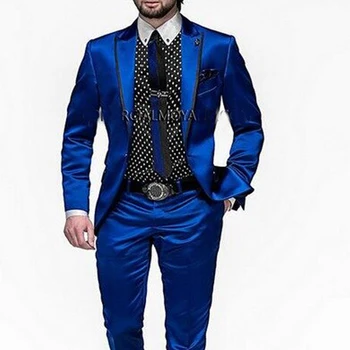 Свадебный смокинг для жениха из 2 предметов, приталенные мужские костюмы, королевский синий атласный мужской модный пиджак с брюками, костюм с отворотом