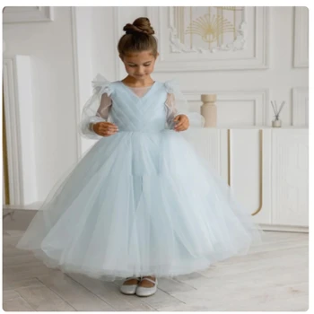 Светло-голубое платье в цветочек для девочек, Тюлевое пышное платье с длинным рукавом и бантом, Детское платье для Дня рождения принцессы, Нарядное Платье для первого причастия