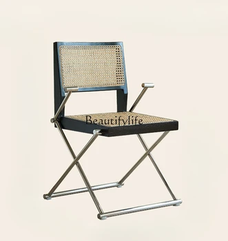 Скандинавский Ретро стул из массива дерева, Черная ротанговая спинка из нержавеющей стали, Подлокотник для отдыха, рабочий стул