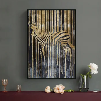 Современная абстрактная картина на холсте Из золотой фольги, Плакат с изображением Лошади, Зебры и животных, Настенные рисунки для декора гостиной