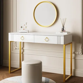 Современный белый туалетный столик с выдвижными ящиками, компактный туалетный столик с позолоченными металлическими ножками, 43-дюймовый маленький столик для макияжа