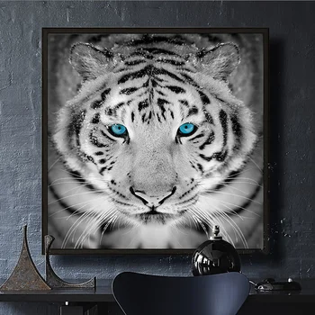 Современный Черно-Белый Тигр с Голубыми Глазами Картина на Холсте С Изображением Красивого Дикого Животного Настенный Принт Pcitrue Декор Гостиной