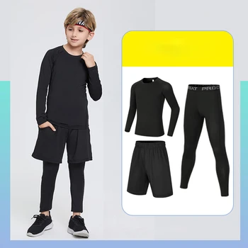 Спортивная одежда для детей, мальчиков и подростков, черный компрессионный топ с длинными рукавами, Леггинсы с шортами, костюмы из 3 предметов для занятий фитнесом и бегом