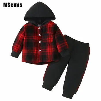 Спортивная одежда для маленьких мальчиков, топы в клетку с капюшоном и пуговицами, брюки с эластичным поясом на зиму