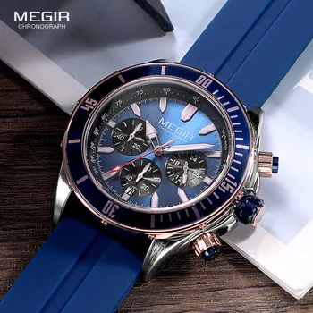 Спортивные часы MEGIR темно-синего цвета для мужчин, модный водонепроницаемый силиконовый ремешок, наручные часы-хронограф со светящимися стрелками, автоматическая дата 2226