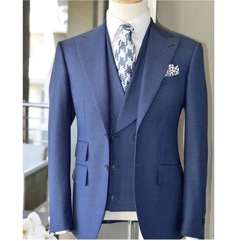Темно-синие Деловые мужские костюмы Slim Fit, 3 предмета, Официальные смокинги жениха для свадьбы, мужская модная куртка, жилет с брюками