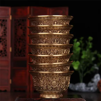 Тибетский буддизм поставляет восемь чашек для воды из чистой меди с благоприятной резьбой для церемонии Будды / 7 в 1