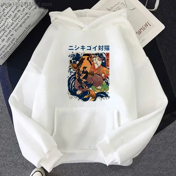 Толстовки с принтом Cat Eat Fish Kawaii Cartoon Graphic Sweatshirt в стиле Хип-Хоп, Уличная Мужская Одежда, Пуловер с длинным Рукавом, Женский