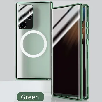 Флип-чехол из сплава с магнитной беспроводной зарядкой для Samsung Galaxy S22 Ultra 5G, полностью из закаленного стекла, прозрачная защитная крышка для экрана