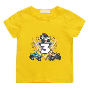 Футболка Monster Truck на 3-й день рождения, повседневная летняя футболка с коротким рукавом, 100% хлопок, высококачественные повседневные футболки для мальчиков и девочек