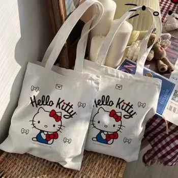 Холщовая сумка Hello Kitty Sanrio, студенческая сумка из аниме Kawaii, портативная большая емкость, для мытья макияжа, для поездок на работу, мультяшные сумки для хранения, подарок для девочек