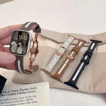 Холщовый Кожаный ремешок с пряжкой-бабочкой Для Apple Watch 8 7 6 SE 5 4 3 Маленький Тонкий Ремешок для часов 38 мм 40 мм 42 44 45 49 41 мм Для iwatch
