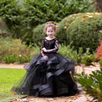 Черно-белое кружевное платье с длинными рукавами из тюля с цветочным узором для девочек на свадьбу, детское праздничное бальное платье для первого причастия