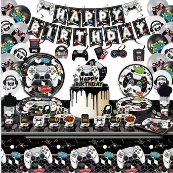 Черно-белое украшение на тему игры, День рождения ребенка, Одноразовая посуда, Чашка, тарелка, Скатерть, Баннер, воздушный шар, Топпер для торта, принадлежности