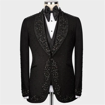 Черные костюмы Мужские Официальные, изготовленные на заказ, Свадебные смокинги для жениха, блейзер с кристаллами, расшитый бисером, Жилет, брюки, мужская модная одежда из 3 предметов